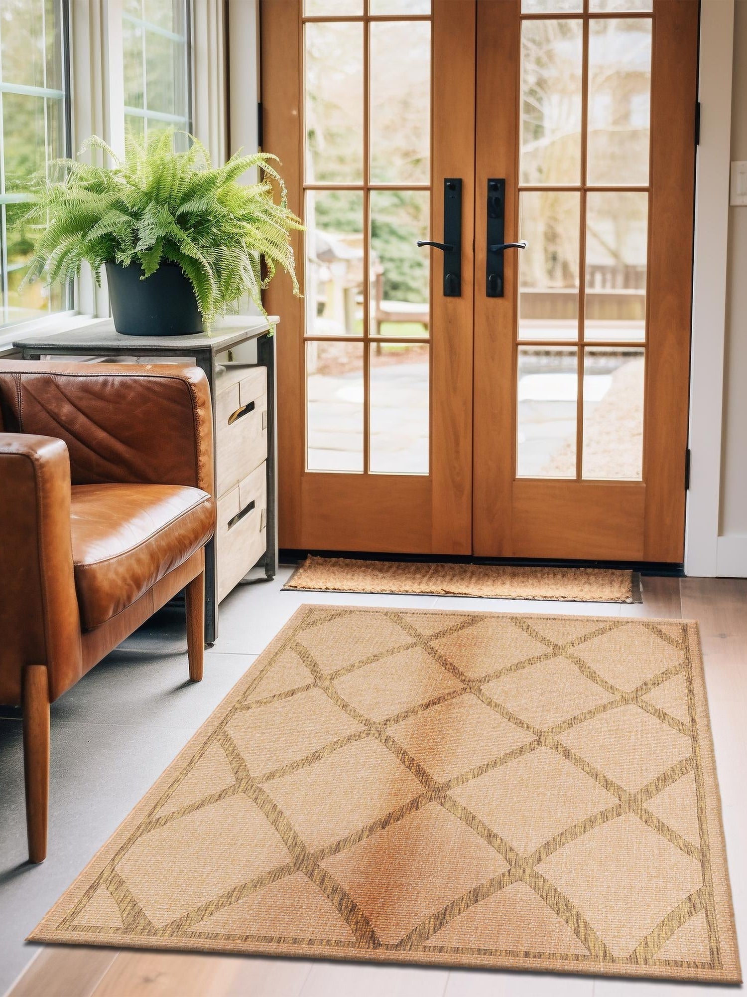 Light Brown 5' x 8' Outdoor Trellis Rectangle Area Rug Weather Resistant for Patio, Deck, Terrace, Balcony, Porch Geometric Design Water Safe Outside Carpet for Sale at Rug Engine