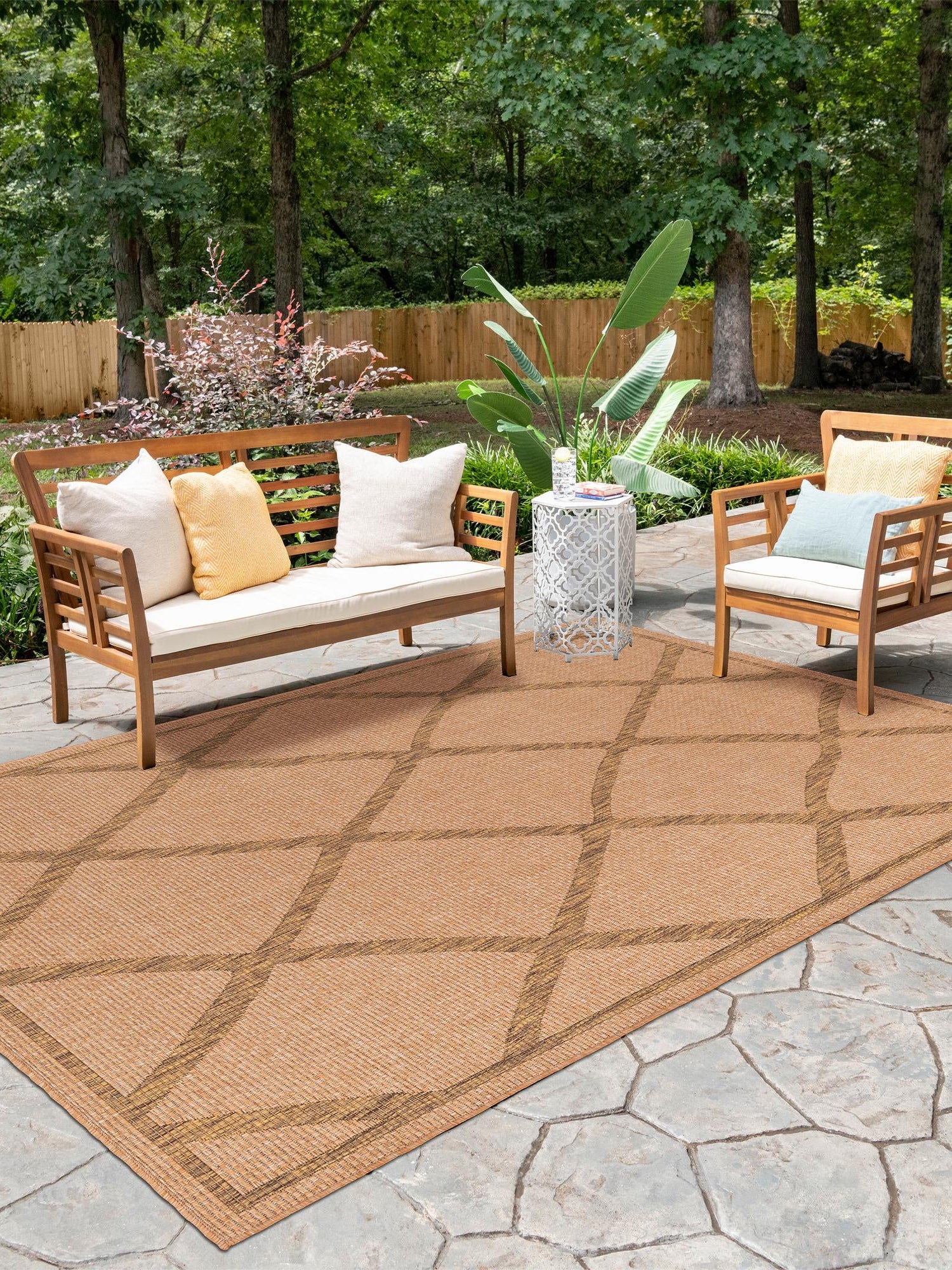 Light Brown 5' x 8' Outdoor Trellis Rectangle Area Rug Weather Resistant for Patio, Deck, Terrace, Balcony, Porch Geometric Design Water Safe Outside Carpet for Sale at Rug Engine