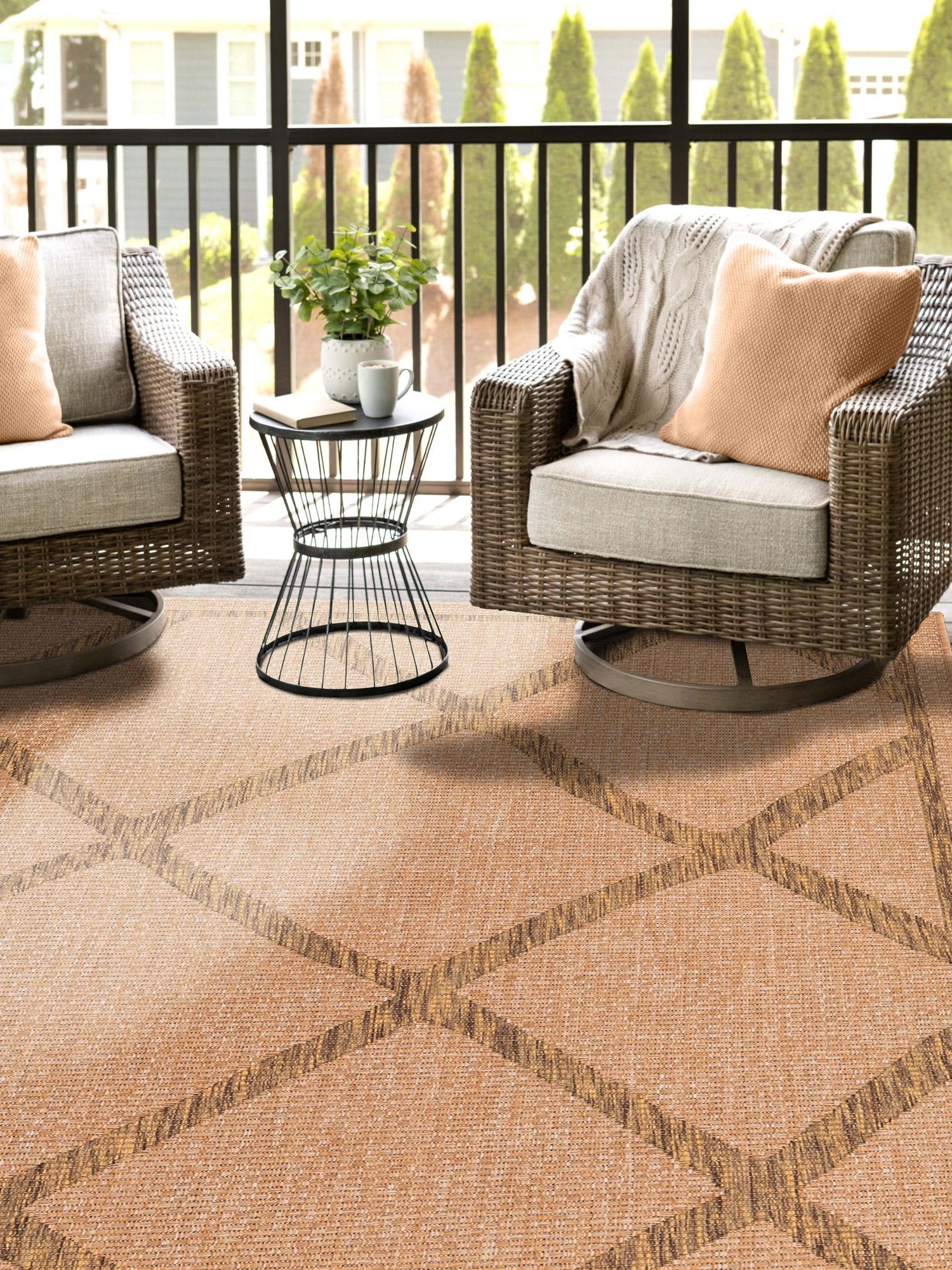 Light Brown 5' x 8' Outdoor Trellis Rectangle Area Rug Weather Resistant for Patio, Deck, Terrace, Balcony, Porch Geometric Design Water Safe Outside Carpet for Sale at Rug Engine
