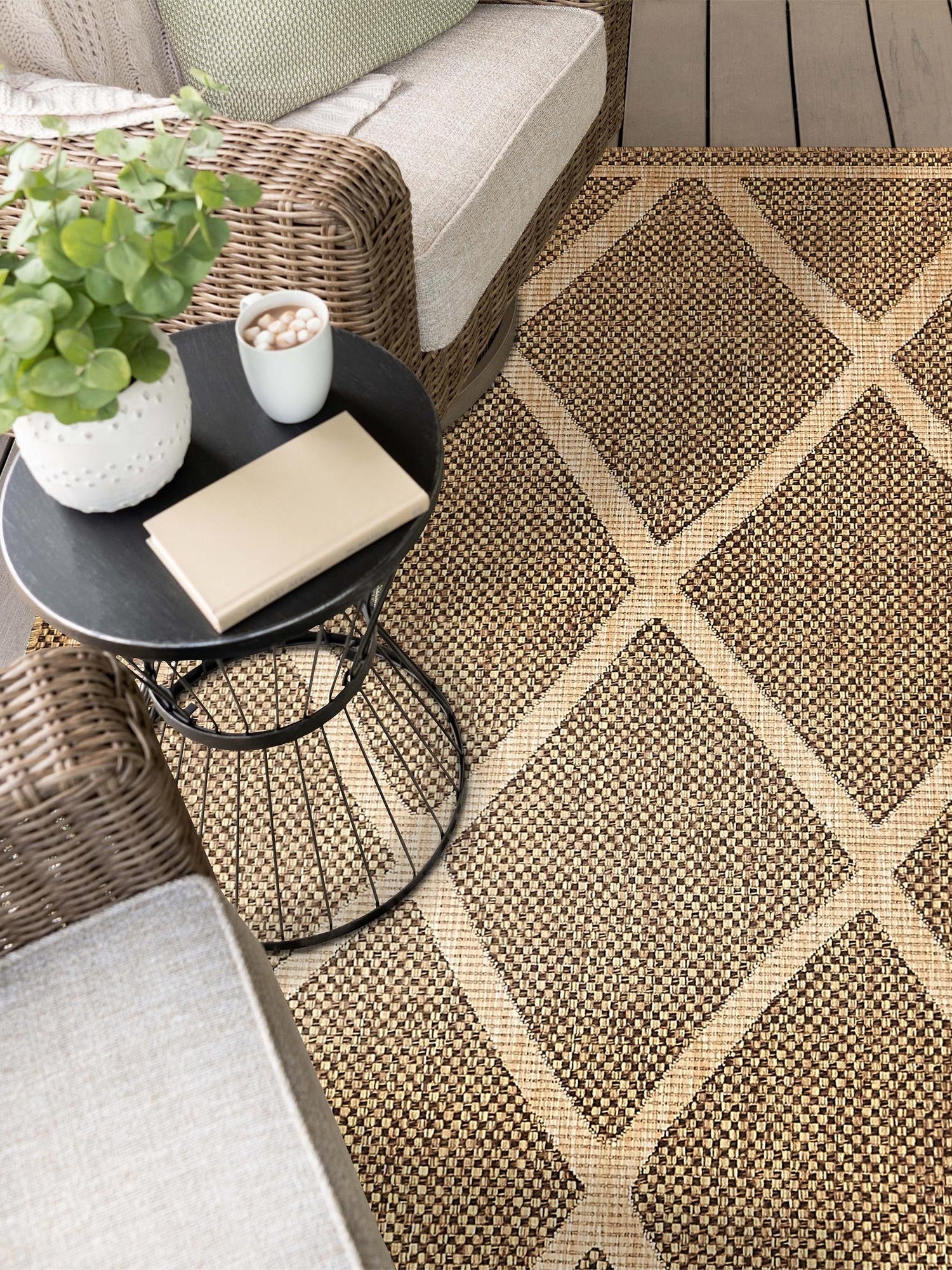 Brown 6' 1 x 9' Outdoor Trellis Rectangle Area Rug Weather Resistant for Patio, Deck, Terrace, Balcony, Porch Geometric Design Water Safe Outside Carpet for Sale at Rug Engine