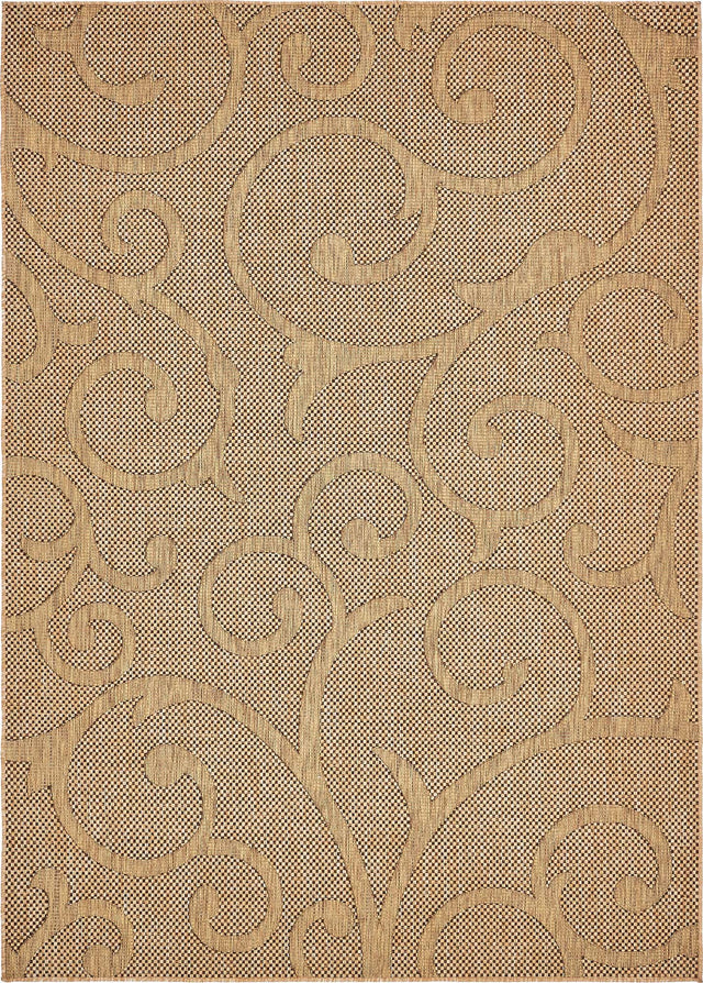 Light Brown 7' x 10' Outdoor Botanical Rectangle Area Rug Weather Resistant for Patio, Deck, Terrace, Balcony, Porch