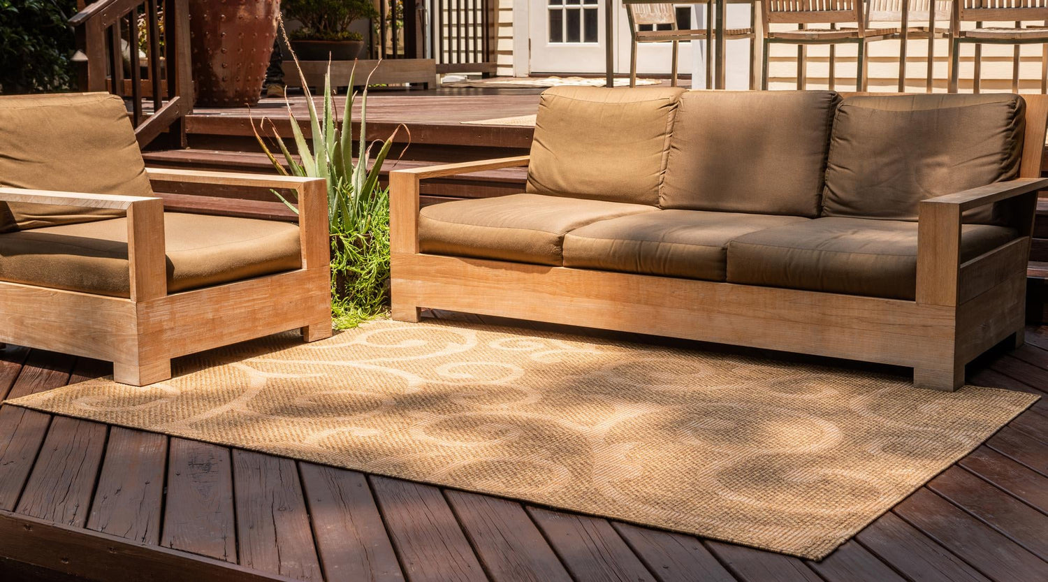 Brown 9' x 12' Outdoor Botanical Rectangle Area Rug Weather Resistant for Patio, Deck, Terrace, Balcony, Porch Polypropylene Garden Floral Tropical Carpet for Sale at Rug Engine