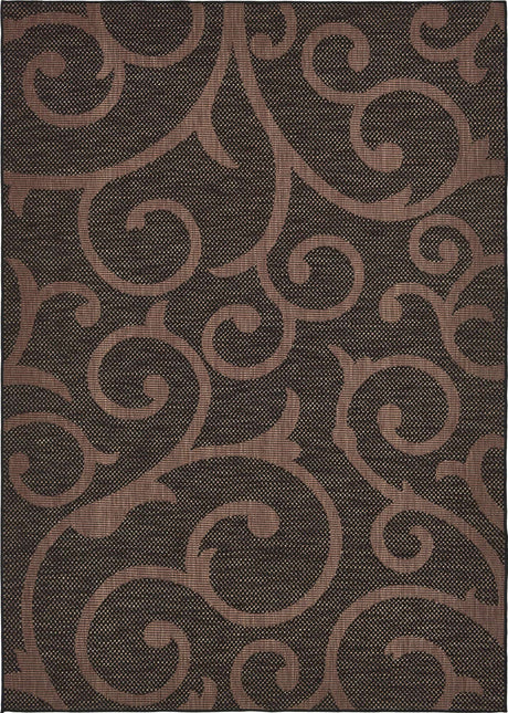 Chocolate Brown 7' 1 x 10' Outdoor Botanical Rectangle Area Rug Weather Resistant for Patio, Deck, Terrace, Balcony, Porch