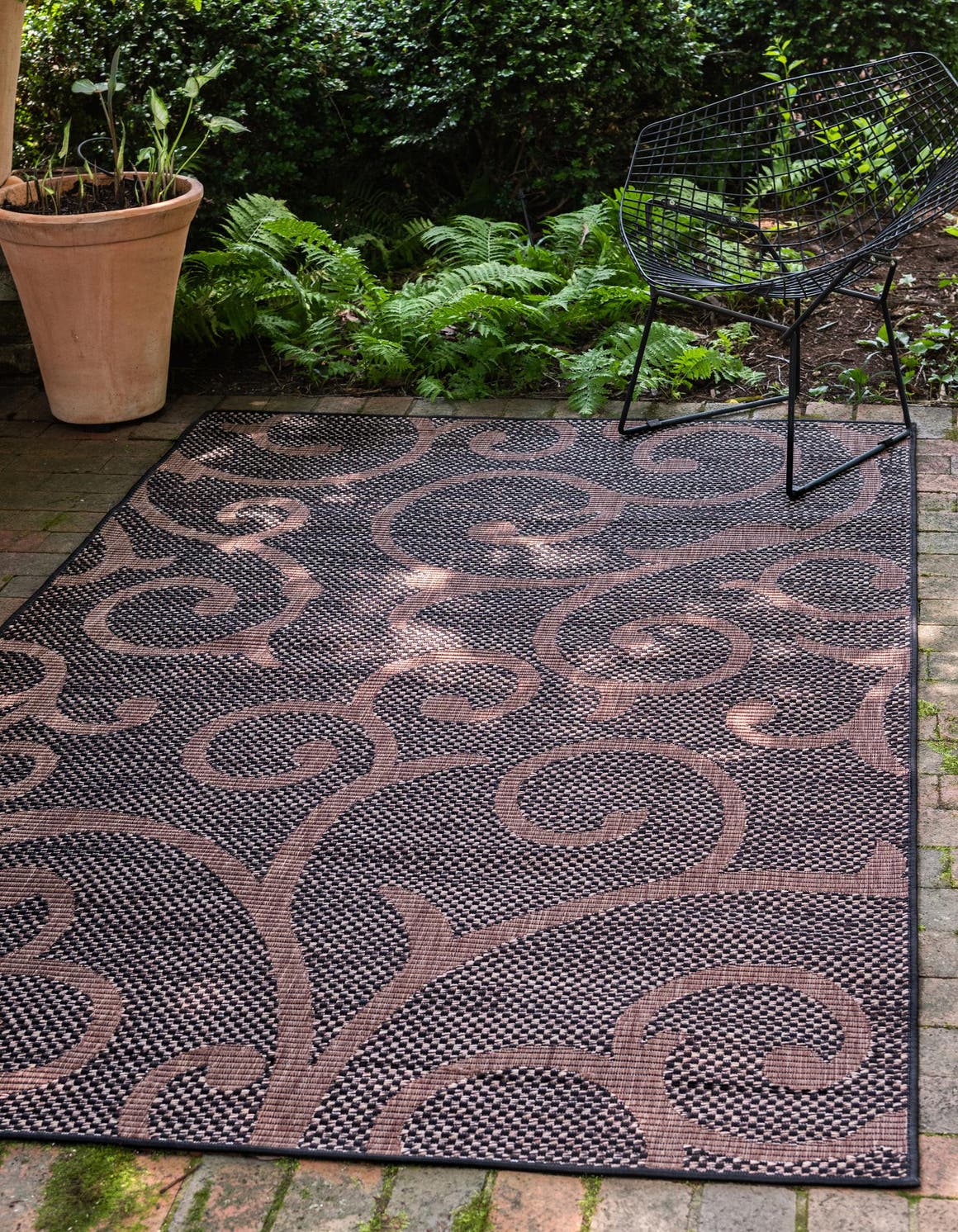 Chocolate Brown 5' 1 x 8' Outdoor Botanical Rectangle Area Rug Weather Resistant for Patio, Deck, Terrace, Balcony, Porch Polypropylene Garden Floral Tropical Carpet for Sale at Rug Engine