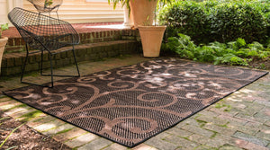 Chocolate Brown 3' 3 x 5' 3 Outdoor Botanical Rectangle Area Rug Weather Resistant for Patio, Deck, Terrace, Balcony, Porch Polypropylene Garden Floral Tropical Carpet for Sale at Rug Engine
