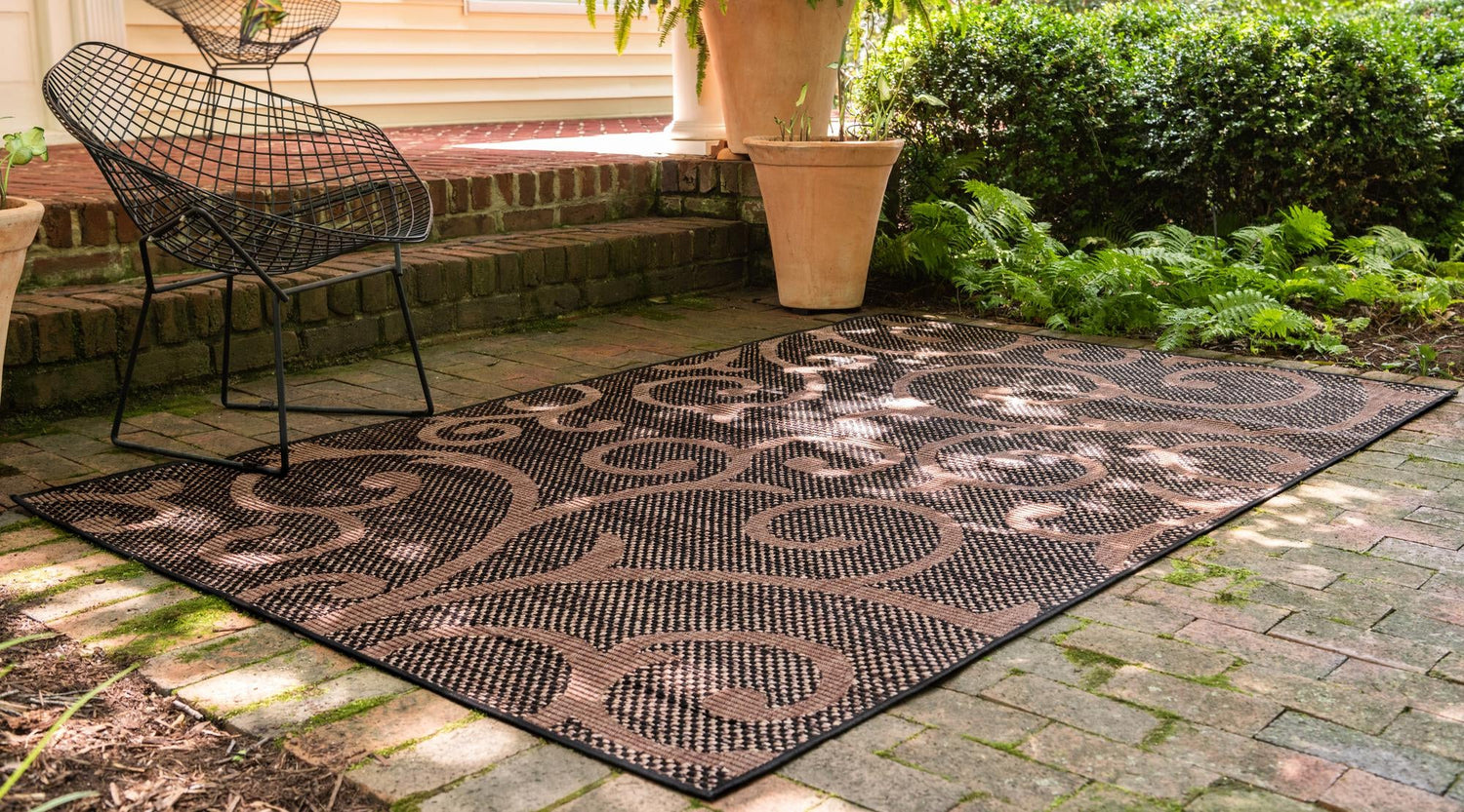 Chocolate Brown 6' x 9' Outdoor Botanical Rectangle Area Rug Weather Resistant for Patio, Deck, Terrace, Balcony, Porch Polypropylene Garden Floral Tropical Carpet for Sale at Rug Engine
