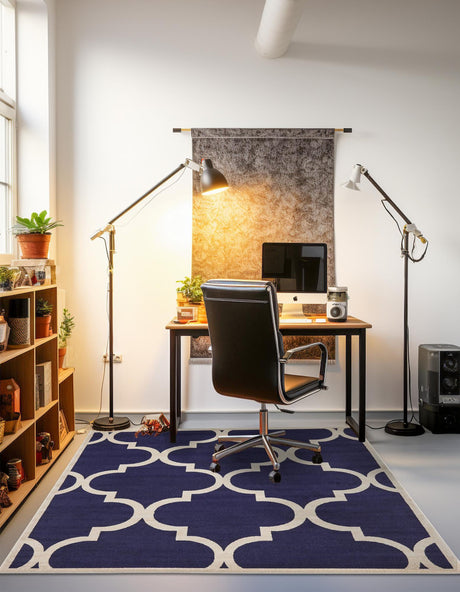 Navy Blue 7' 10 x 7' 10 Trellis Square Area Rug Geometric Modern Unique Durable Easy Clean Carpet for Contemporary Interior Design for Sale at Rug Engine