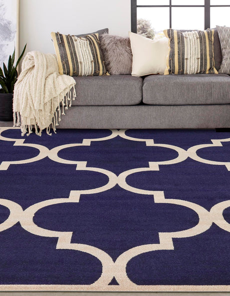 Navy Blue 7' 10 x 7' 10 Trellis Square Area Rug Geometric Modern Unique Durable Easy Clean Carpet for Contemporary Interior Design for Sale at Rug Engine