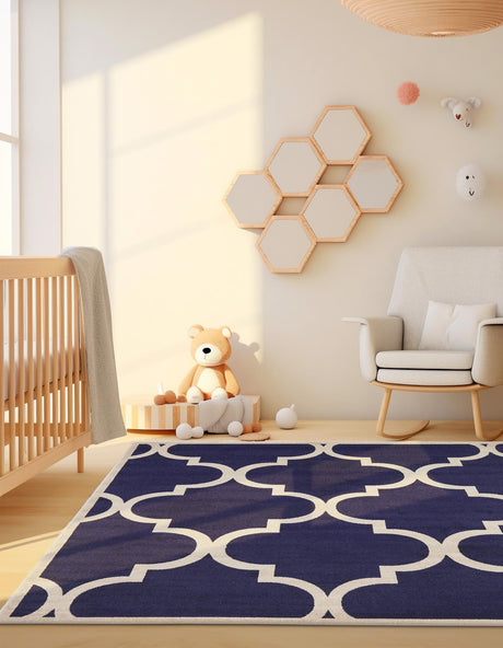 Navy Blue 7' 10 x 7' 10 Trellis Square Area Rug Geometric Modern Unique Durable Easy Clean Carpet for Contemporary Interior Design for Sale at Rug Engine