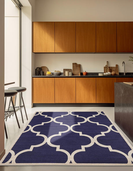 Navy Blue 7' 10 x 7' 10 Trellis Square Area Rug Geometric Modern Unique Durable Easy Clean Carpet for Contemporary Interior Design for Sale at Rug Engine