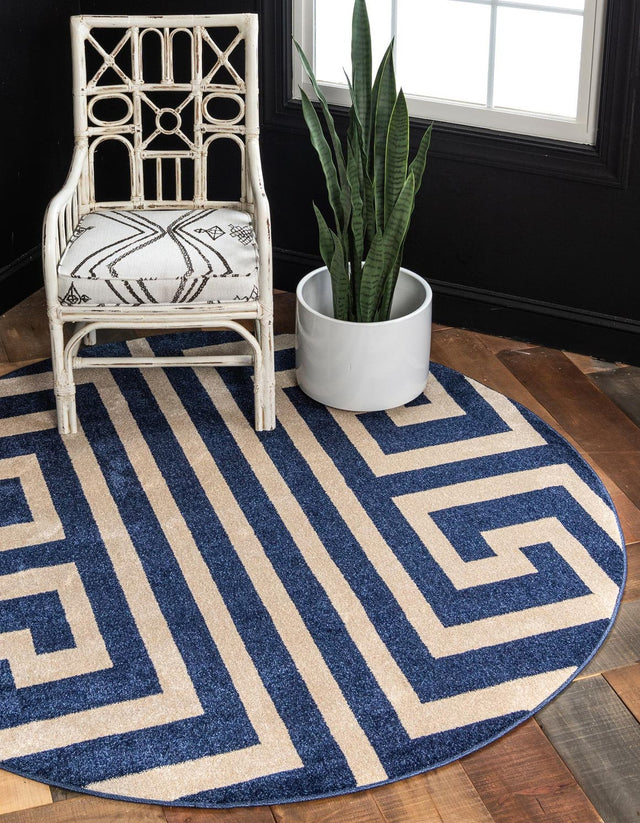 Navy Blue 6' 1 x 6' 1 Athens Round Area Rug 100% Polypropylene With Cotton Backing Easy Clean Indoor Living Dining Room Bedroom Office Carpet for Sale at Rug Engine