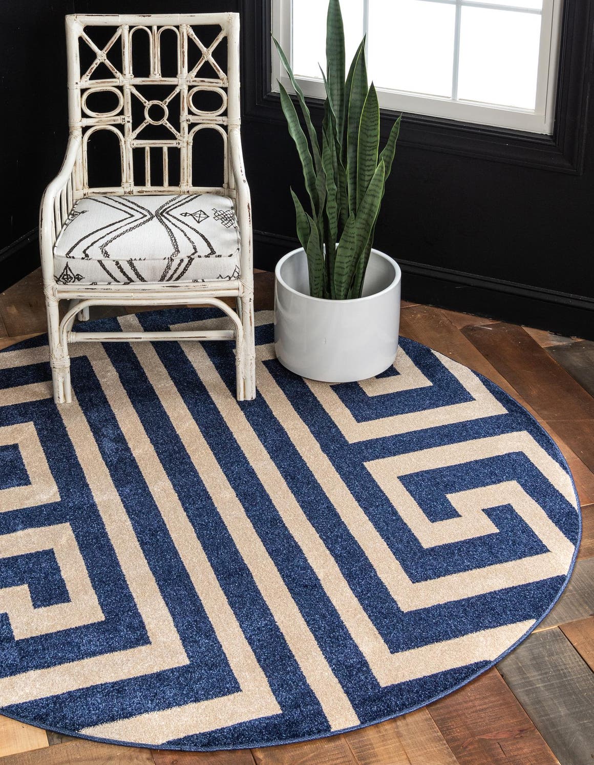 Navy Blue 7' 10 x 7' 10 Athens Round Area Rug 100% Polypropylene With Cotton Backing Easy Clean Indoor Living Dining Room Bedroom Office Carpet for Sale at Rug Engine