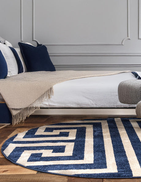 Navy Blue 6' 1 x 6' 1 Athens Round Area Rug 100% Polypropylene With Cotton Backing Easy Clean Indoor Living Dining Room Bedroom Office Carpet for Sale at Rug Engine