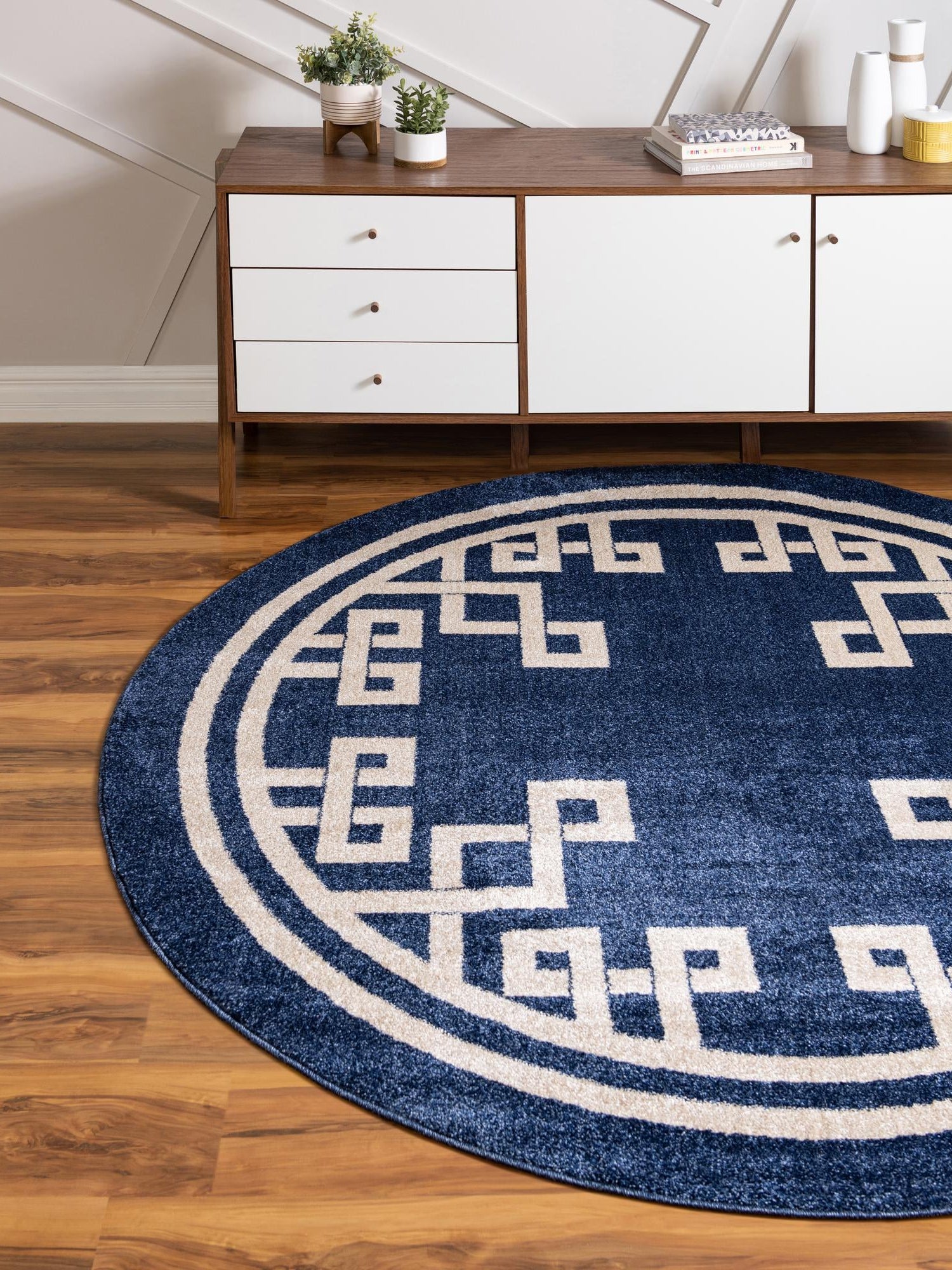 Dark Blue 6' 1 x 6' 1 Athens Round Area Rug 100% Polypropylene With Cotton Backing Easy Clean Indoor Living Dining Room Bedroom Office Carpet for Sale at Rug Engine
