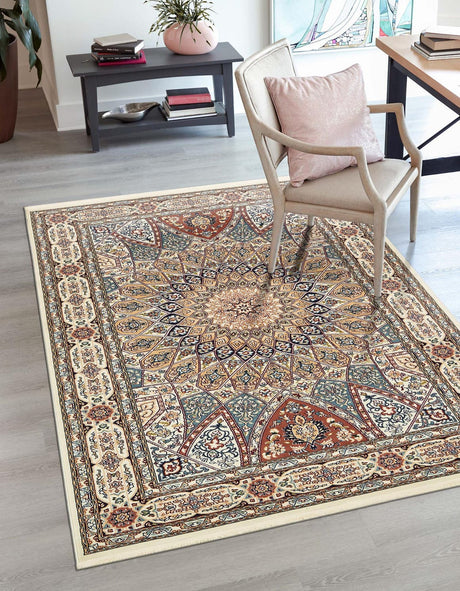 Ivory 5' 3 x 8' Narenj Rectangle Area Rug 85% Polypropylene & 15% Polyester Traditional Classic Carpet for Living, Dining, Bedrooms, Office for Sale at Rug Engine