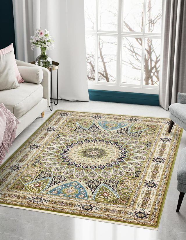 Green 7' 10 x 10' Narenj Rectangle Area Rug 85% Polypropylene & 15% Polyester Traditional Classic Carpet for Living, Dining, Bedrooms, Office for Sale at Rug Engine
