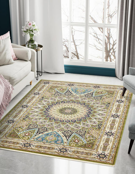 Green 10' x 13' Narenj Rectangle Area Rug 85% Polypropylene & 15% Polyester Traditional Classic Carpet for Living, Dining, Bedrooms, Office for Sale at Rug Engine