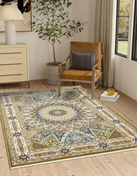 Green 7' 10 x 10' Narenj Rectangle Area Rug 85% Polypropylene & 15% Polyester Traditional Classic Carpet for Living, Dining, Bedrooms, Office for Sale at Rug Engine