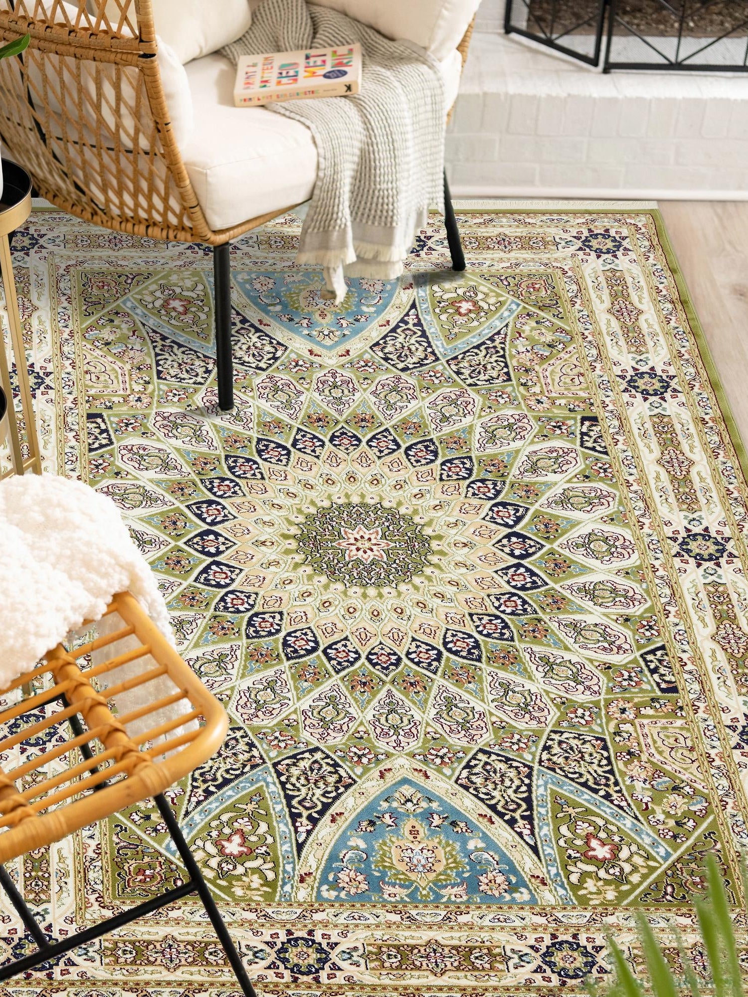 Green 3' 1 x 5' 3 Narenj Rectangle Area Rug 85% Polypropylene & 15% Polyester Traditional Classic Carpet for Living, Dining, Bedrooms, Office for Sale at Rug Engine