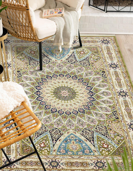 Green 5' 3 x 8' Narenj Rectangle Area Rug 85% Polypropylene & 15% Polyester Traditional Classic Carpet for Living, Dining, Bedrooms, Office for Sale at Rug Engine
