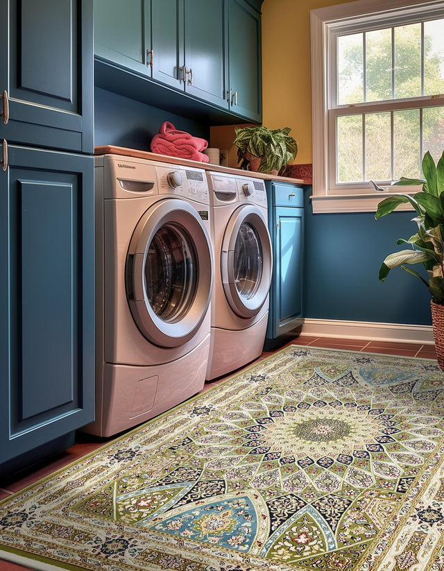 Green 7' 10 x 10' Narenj Rectangle Area Rug 85% Polypropylene & 15% Polyester Traditional Classic Carpet for Living, Dining, Bedrooms, Office for Sale at Rug Engine