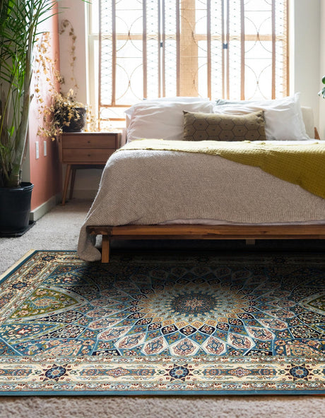 Blue 7' 10 x 10' Narenj Rectangle Area Rug 85% Polypropylene & 15% Polyester Traditional Classic Carpet for Living, Dining, Bedrooms, Office for Sale at Rug Engine