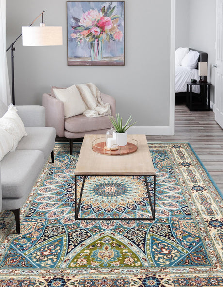 Blue 7' 1 x 10' Narenj Rectangle Area Rug 85% Polypropylene & 15% Polyester Traditional Classic Carpet for Living, Dining, Bedrooms, Office for Sale at Rug Engine