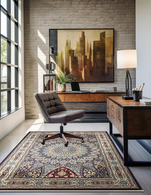 Navy Blue 7' 10 x 11' Narenj Rectangle Area Rug 85% Polypropylene & 15% Polyester Traditional Classic Carpet for Living, Dining, Bedrooms, Office for Sale at Rug Engine