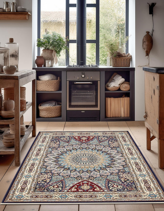 Navy Blue 7' 10 x 11' Narenj Rectangle Area Rug 85% Polypropylene & 15% Polyester Traditional Classic Carpet for Living, Dining, Bedrooms, Office for Sale at Rug Engine