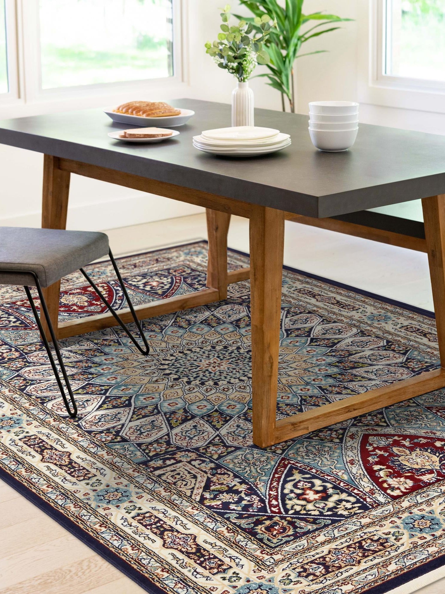 Navy Blue 9' x 12' Narenj Rectangle Area Rug 85% Polypropylene & 15% Polyester Traditional Classic Carpet for Living, Dining, Bedrooms, Office for Sale at Rug Engine