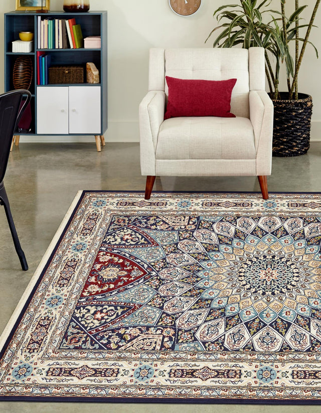 Navy Blue 7' 10 x 10' Narenj Rectangle Area Rug 85% Polypropylene & 15% Polyester Traditional Classic Carpet for Living, Dining, Bedrooms, Office for Sale at Rug Engine