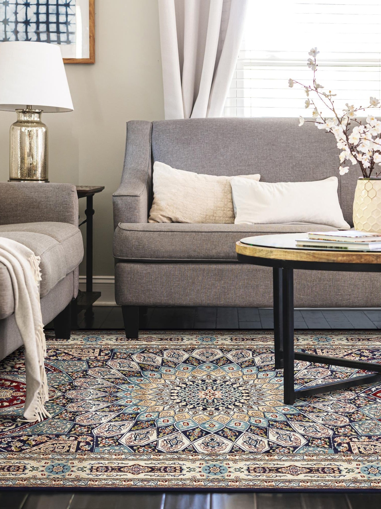 Navy Blue 7' 1 x 10' Narenj Rectangle Area Rug 85% Polypropylene & 15% Polyester Traditional Classic Carpet for Living, Dining, Bedrooms, Office for Sale at Rug Engine