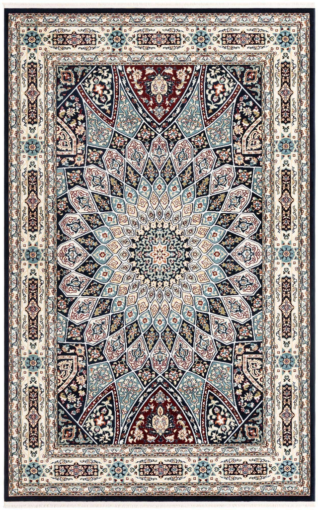 Navy Blue 5' 3 x 8' Narenj Rectangle Area Rug 85% Polypropylene & 15% Polyester Traditional Classic Carpet for Living, Dining, Bedrooms, Office for Sale at Rug Engine