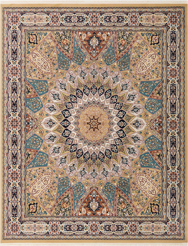 Beige 7' 10 x 10' Narenj Rectangle Area Rug 85% Polypropylene & 15% Polyester Traditional Classic Carpet for Living, Dining, Bedrooms, Office for Sale at Rug Engine