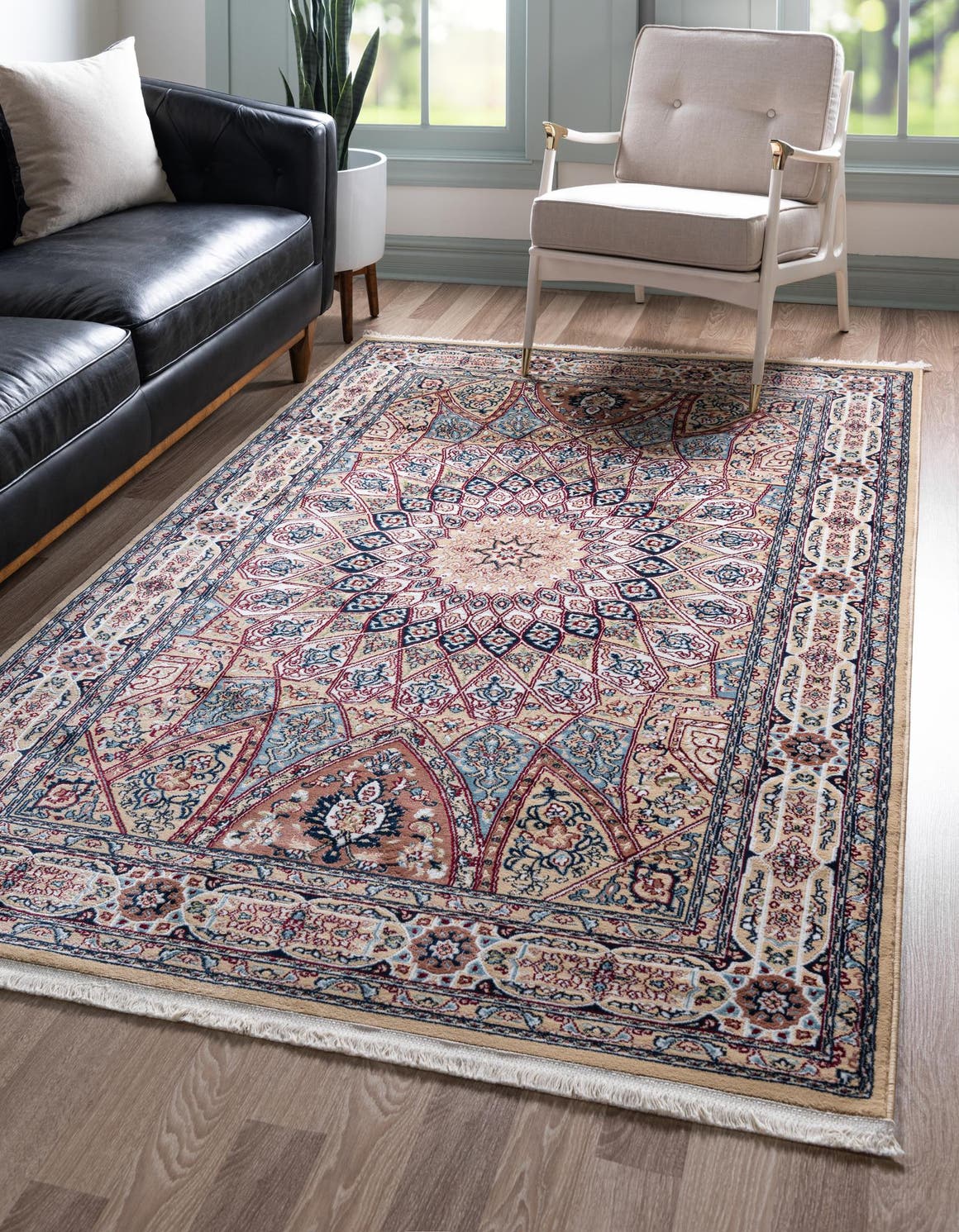 Beige 7' 10 x 10' Narenj Rectangle Area Rug 85% Polypropylene & 15% Polyester Traditional Classic Carpet for Living, Dining, Bedrooms, Office for Sale at Rug Engine