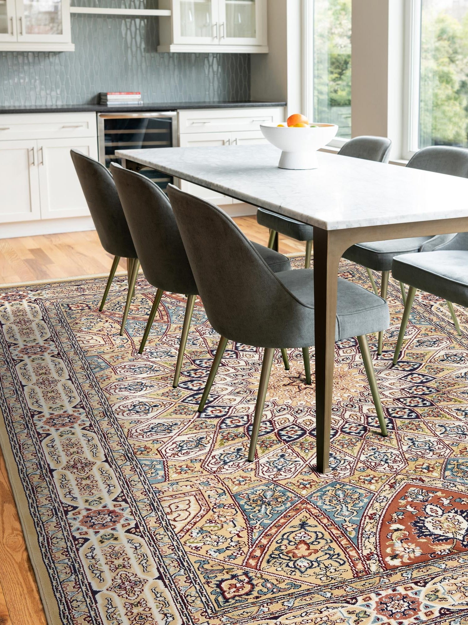 Beige 7' 10 x 10' Narenj Rectangle Area Rug 85% Polypropylene & 15% Polyester Traditional Classic Carpet for Living, Dining, Bedrooms, Office for Sale at Rug Engine