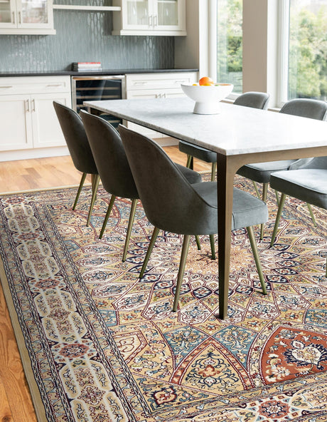 Beige 7' 10 x 10' Narenj Rectangle Area Rug 85% Polypropylene & 15% Polyester Traditional Classic Carpet for Living, Dining, Bedrooms, Office for Sale at Rug Engine