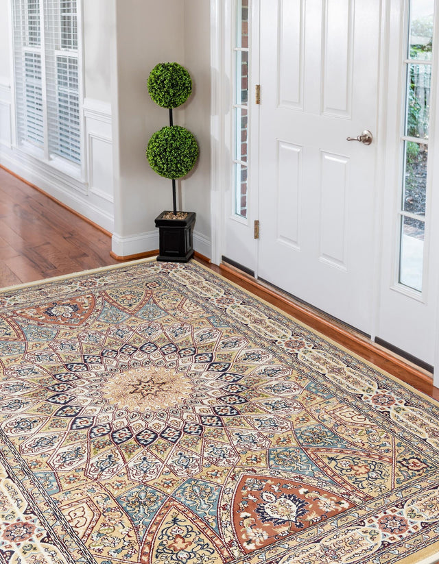 Beige 7' 10 x 10' Narenj Rectangle Area Rug 85% Polypropylene & 15% Polyester Traditional Classic Carpet for Living, Dining, Bedrooms, Office for Sale at Rug Engine