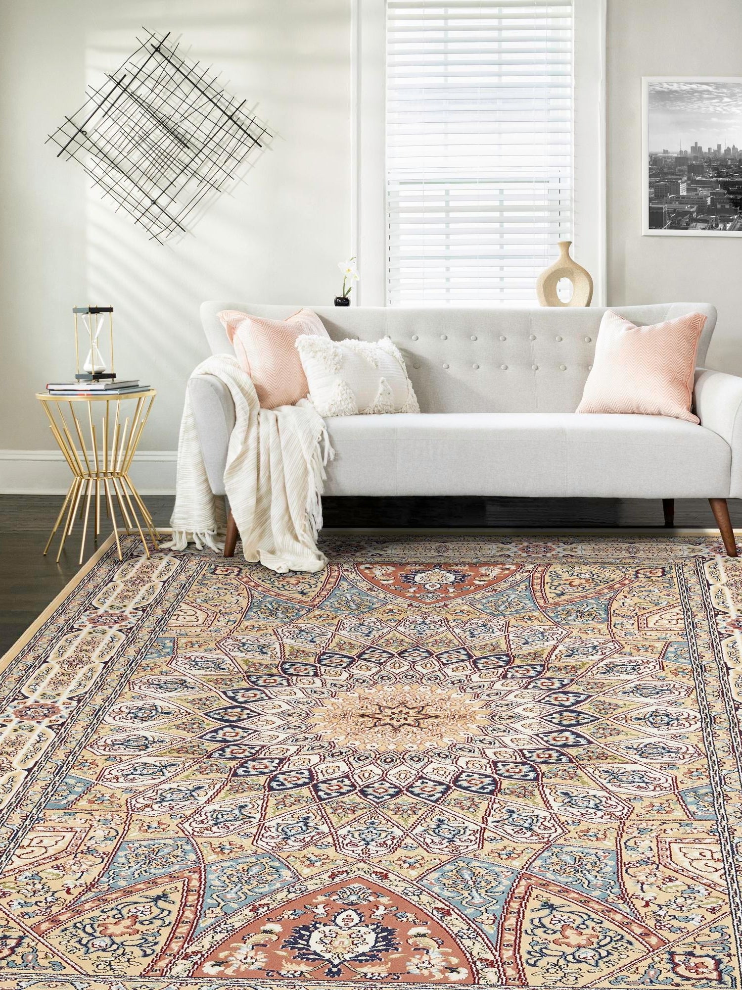 Beige 7' 10 x 10' Narenj Rectangle Area Rug 85% Polypropylene & 15% Polyester Traditional Classic Carpet for Living, Dining, Bedrooms, Office for Sale at Rug Engine