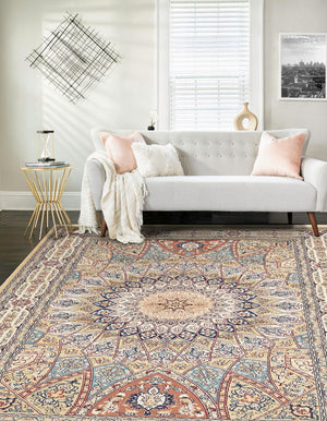 Beige 7' 10 x 10' Narenj Rectangle Area Rug 85% Polypropylene & 15% Polyester Traditional Classic Carpet for Living, Dining, Bedrooms, Office for Sale at Rug Engine