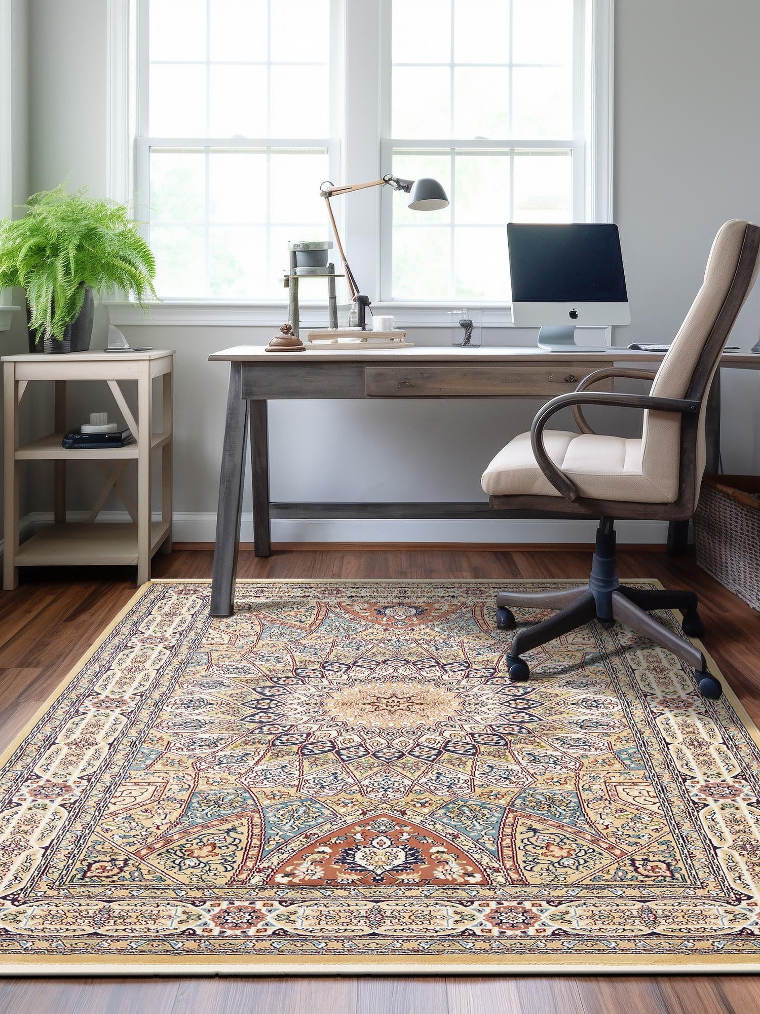 Beige 7' 10 x 10' Narenj Rectangle Area Rug 85% Polypropylene & 15% Polyester Traditional Classic Carpet for Living, Dining, Bedrooms, Office for Sale at Rug Engine