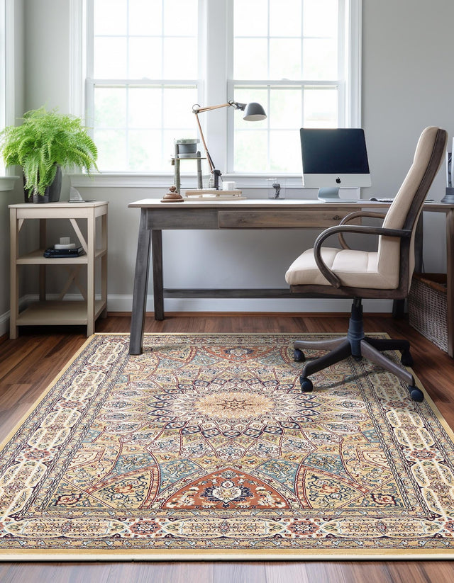 Beige 7' 10 x 10' Narenj Rectangle Area Rug 85% Polypropylene & 15% Polyester Traditional Classic Carpet for Living, Dining, Bedrooms, Office for Sale at Rug Engine