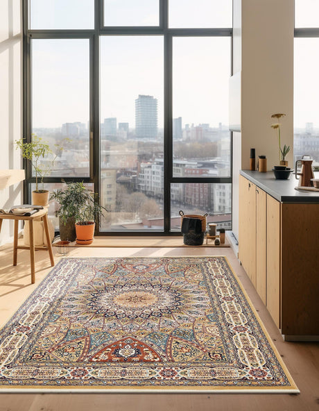 Beige 5' 3 x 8' Narenj Rectangle Area Rug 85% Polypropylene & 15% Polyester Traditional Classic Carpet for Living, Dining, Bedrooms, Office for Sale at Rug Engine