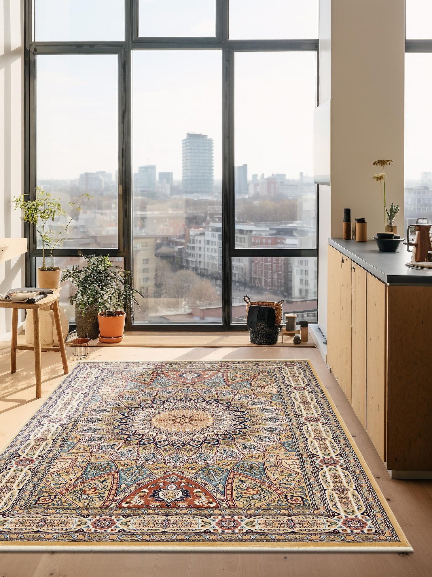 Beige 7' 10 x 10' Narenj Rectangle Area Rug 85% Polypropylene & 15% Polyester Traditional Classic Carpet for Living, Dining, Bedrooms, Office for Sale at Rug Engine