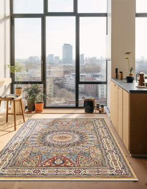 Beige 7' 10 x 10' Narenj Rectangle Area Rug 85% Polypropylene & 15% Polyester Traditional Classic Carpet for Living, Dining, Bedrooms, Office for Sale at Rug Engine