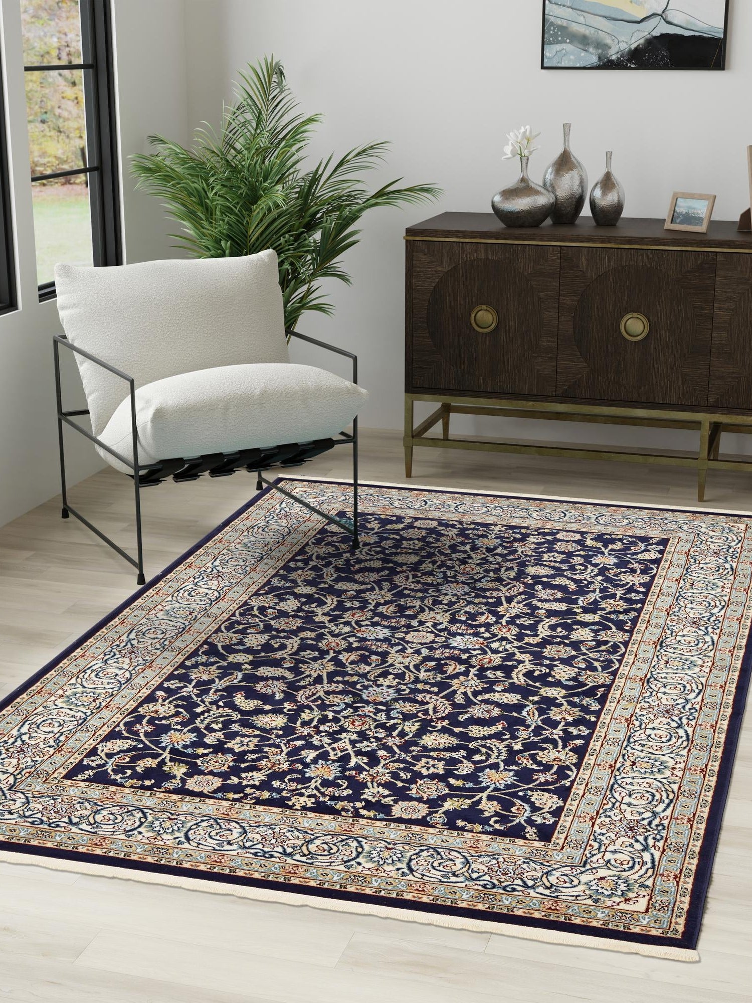 Navy Blue 3' 1 x 5' 3 Narenj Rectangle Area Rug 85% Polypropylene & 15% Polyester Traditional Classic Carpet for Living, Dining, Bedrooms, Office for Sale at Rug Engine