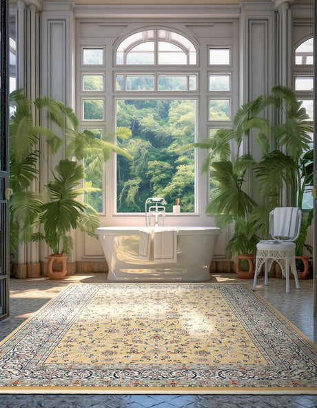 Beige 7' 10 x 11' Narenj Rectangle Area Rug 85% Polypropylene & 15% Polyester Traditional Classic Carpet for Living, Dining, Bedrooms, Office for Sale at Rug Engine