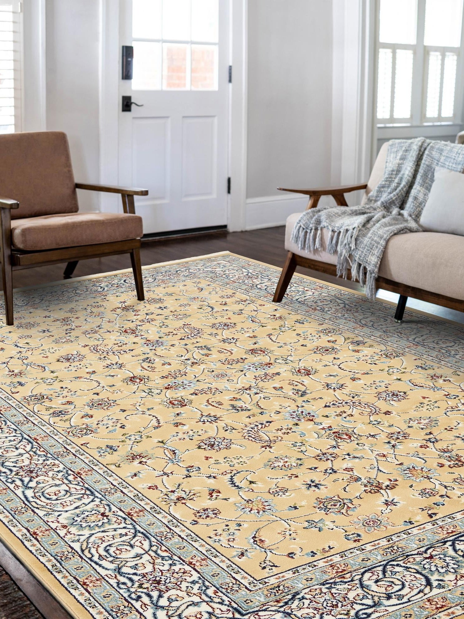 Beige 6' x 9' Narenj Rectangle Area Rug 85% Polypropylene & 15% Polyester Traditional Classic Carpet for Living, Dining, Bedrooms, Office for Sale at Rug Engine