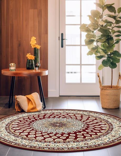 Burgundy 10' x 10' Narenj Round Area Rug 85% Polypropylene & 15% Polyester Traditional Classic Carpet for Living, Dining, Bedrooms, Office for Sale at Rug Engine