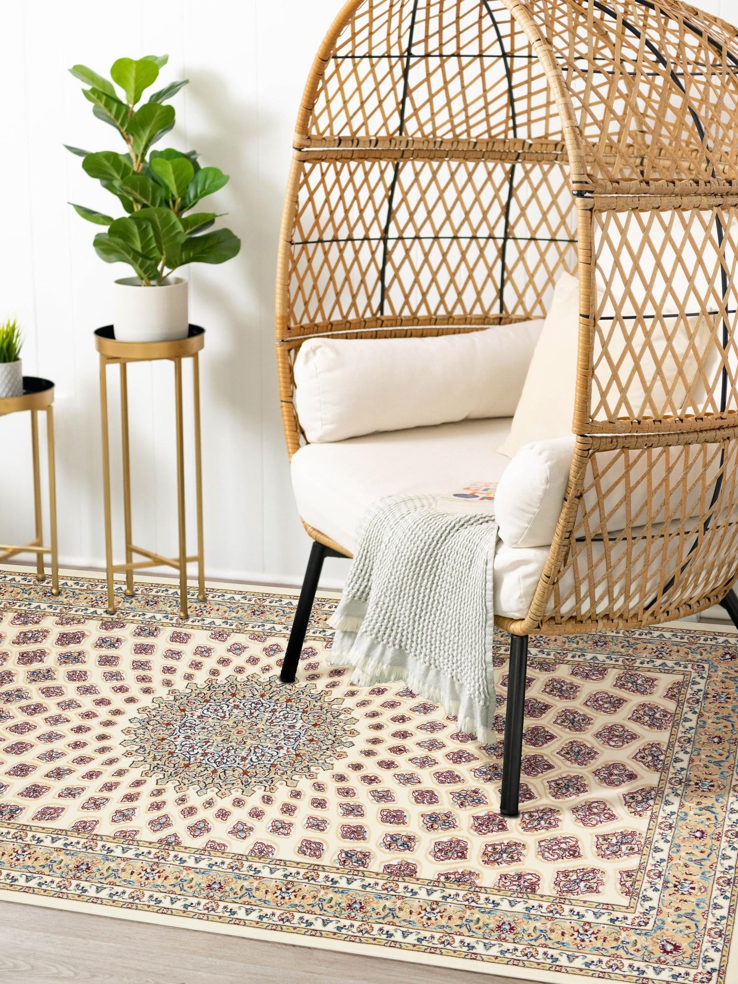 Ivory 7' 10 x 10' Narenj Rectangle Area Rug 85% Polypropylene & 15% Polyester Traditional Classic Carpet for Living, Dining, Bedrooms, Office for Sale at Rug Engine
